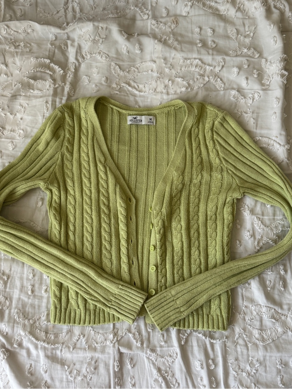 Hollister M Light Lime Cable-Knit Button Cardigan